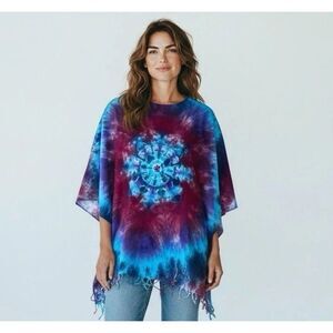 Dharma Trading Co Tie-Dye Poncho Cover Up OS Plus Rayon Boho Fringe Top India
